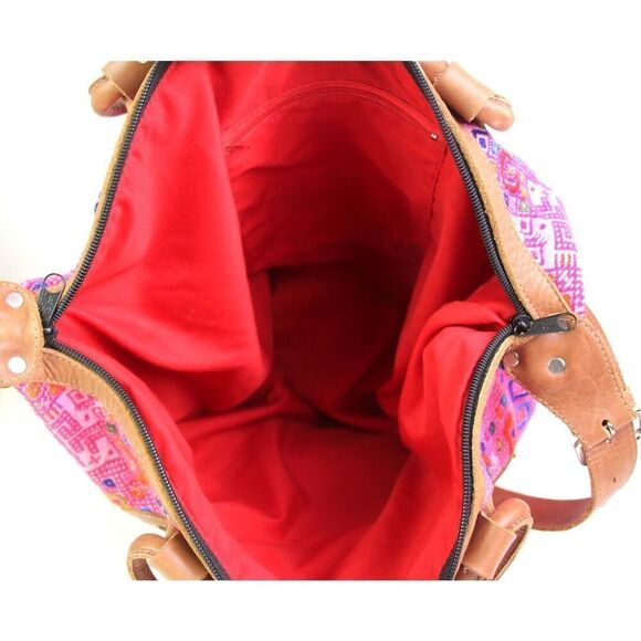 ROOMY HANDCRAFTED MULTICOLOR PINK KILIM BROWN LEATHER TRIM SHOULDER BAG HANDBAG - Picture 9 of 14